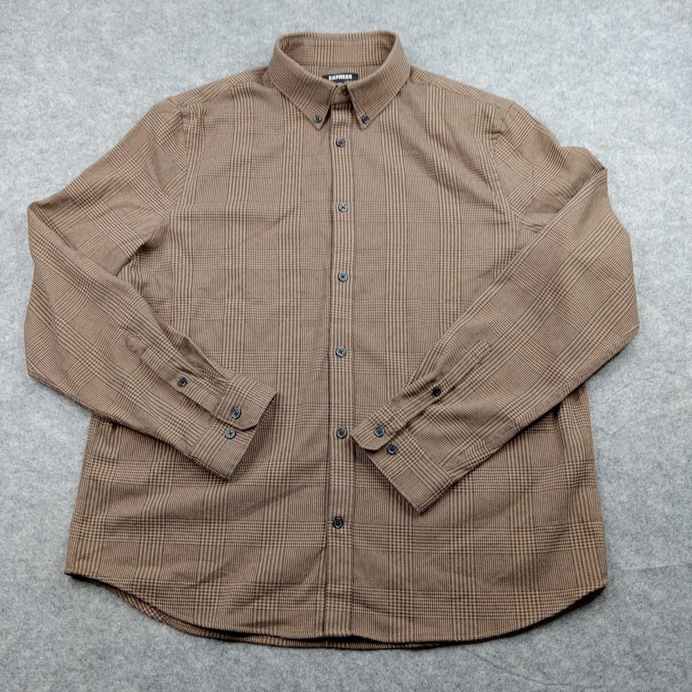 Express Shirt Mens Large Brown Glen Plaid Check Button Down Long Sleeve Stretch